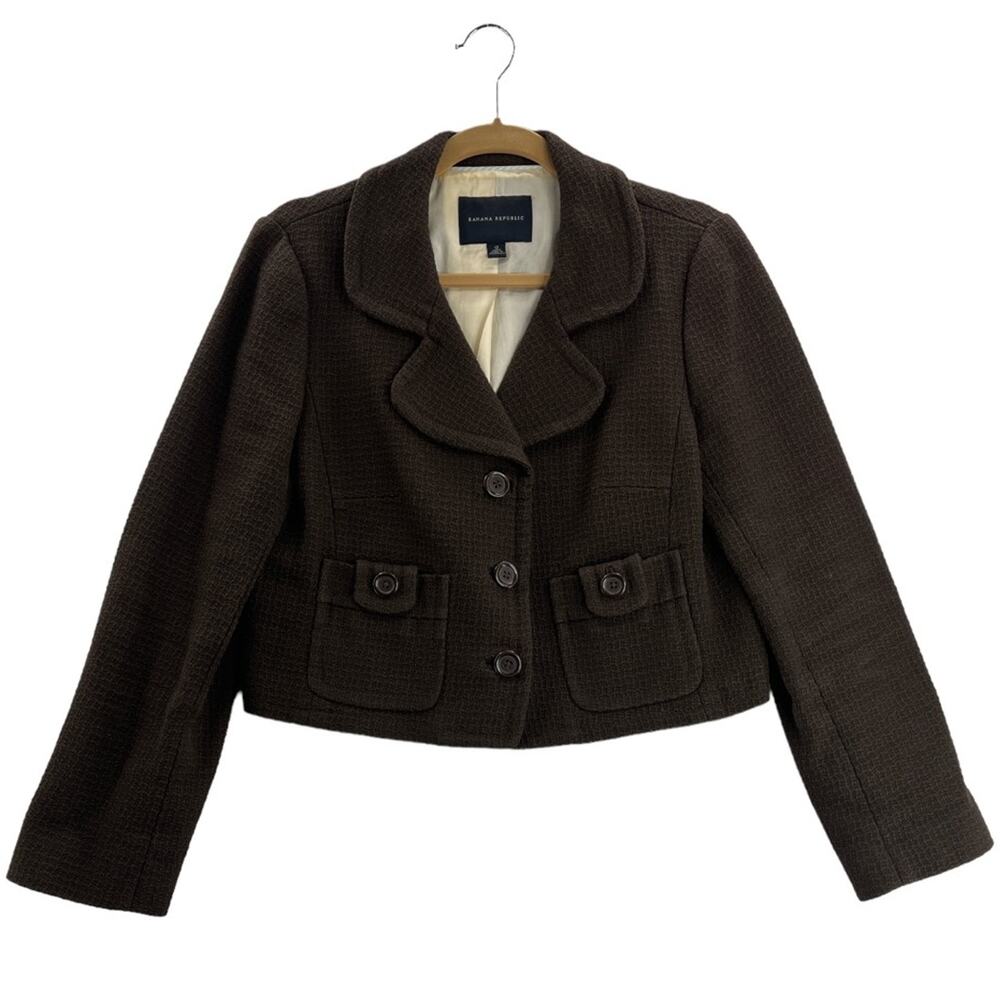 Banana Republic Womens Suit Jacket Blazer Brown Textured Long Sleeve Cropped 12